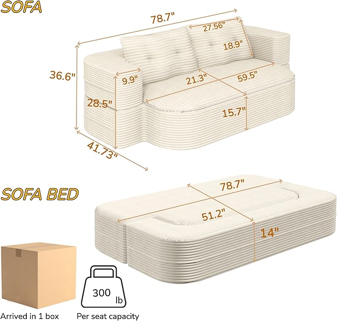 79" Foldable Floor Couch, 2-Seat Convertible Sleeper Sofa with Blanket and 2 Soft Pillows, Corduroy Fabric, for Living Room, Bedroom, Apartment, No Assembly Required, Beige