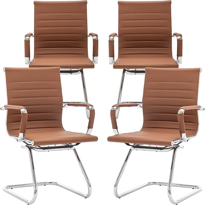 DM Furniture Office Desk Chair No Wheels Set of 4 PU Leather Computer Chairs Mid Back Guest Chairs for School Reception Conference Waiting Room, Cafe