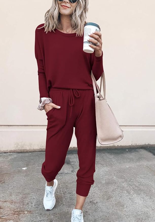 PRETTYGARDEN Women Fall 2 Piece Lounge Outfit Long Sleeve Tops High Waisted Jogger Pants Set Spring Travel Clothes Tracksuit