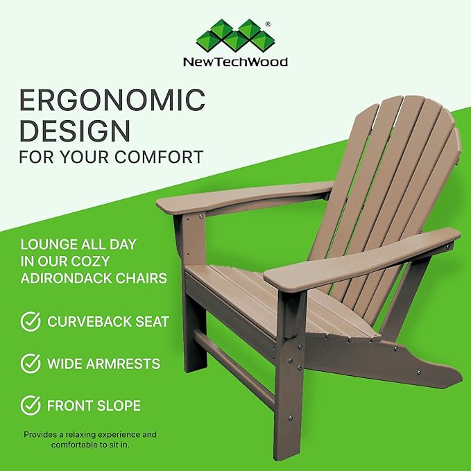 NewTechWood Atlantic Classic Curveback Plastic Weather Resistant Patio Adirondack Chair, Easy Installation, Widely Used in Outdoor, Fire Pit, Deck, Lawn, Outside, Garden Chairs (Roman Antique)