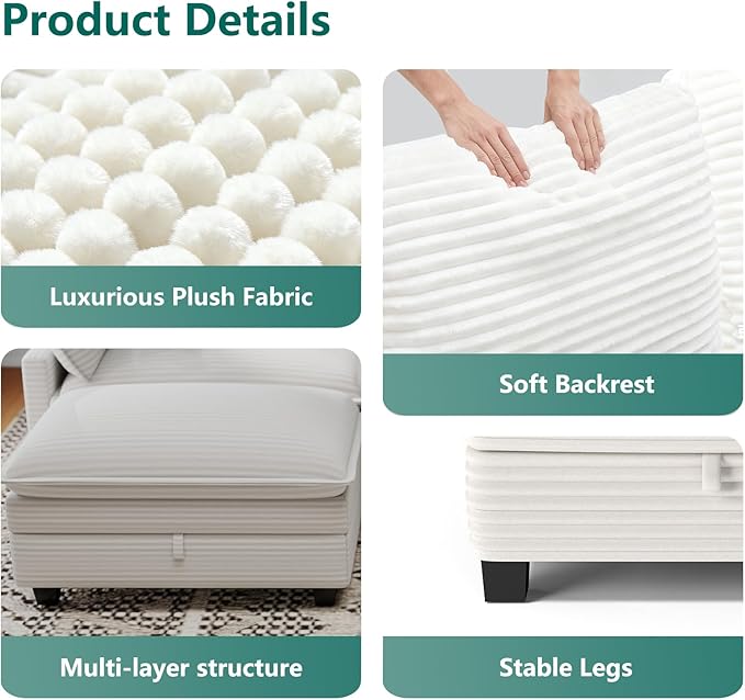 Modular Sectional U Shaped Sofa Couches with Storage Ottoman, Cloud Couch for Living Room, Comfy Sofa with Pillow, White