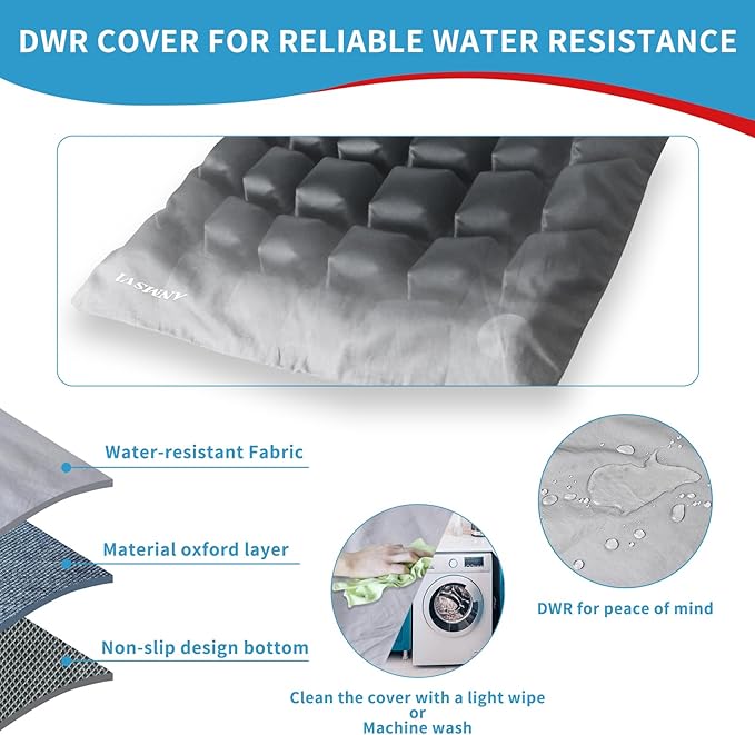 Inflatable Seat Cushion for Car, Office and Wheelchair, Adjustable Firmness, Ergonomic Support for Lower Back and Tailbone, 18x16x2.1 inches, Grey Cover