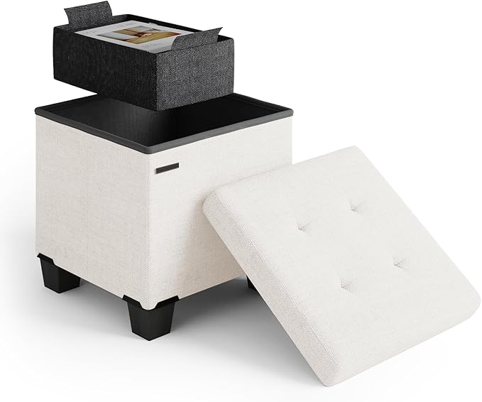 Storage Ottoman Cube with Small Bin, 16-in Square Ottoman with Storage for Living Room and Bedroom, Small Ottomans Foot Rest, Fabric Foot Stools Ottomans Max 330lbs, Cream