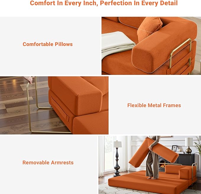 78" Convertible Sleeper Sofa Bed, Corduroy Folding Sofa Bed with Fixed-Shape Frame, Fold Out Floor Mattress Couch, Lazy Compression Sofas for Living Room, Bedroom, No Assembly Required, Orange