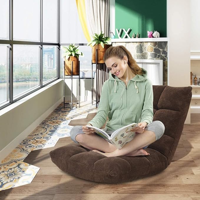 S AFSTAR Cushioned Floor Chair, 14-Position Adjustable Padded Lazy Recliner with Comfortable Back Support and Skin-Friendly Cover, Great for Reading, Playing Game, Meditating (Dark Coffee)