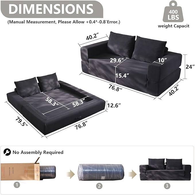 79'' Convertible Sleeper Sofa Bed, 3-in-1 Foldable Floor Couch with Corduroy Upholstery, No Assembly Loveseat, Light Brown Lounge Mattress for Living Room, Studio, Guest Room