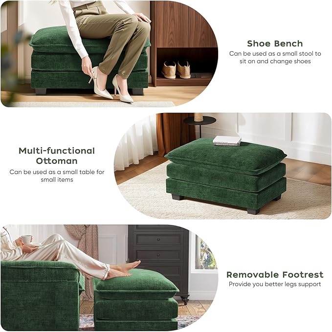 CDCASA 50'' Oversized Chair with Movable Ottoman, Chenille Comfy Cloud Sofa Accent Chair w/Large Seat and Armrests, Modern Extra Wide Armchair Reading Chairs for Living Room, DIY Combination, Green