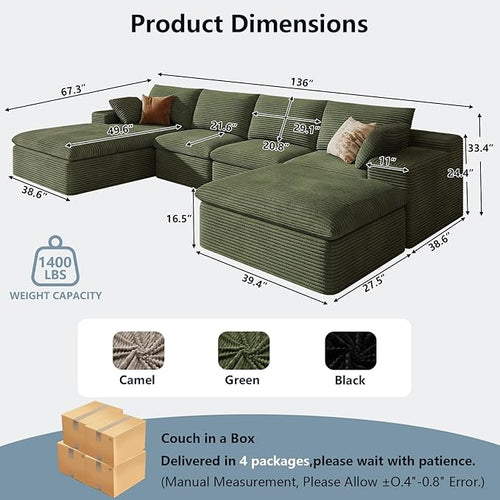 136" Cloud Sectional Couch with U-Shaped Chaise,Corduroy Viral Boneless Sofa with Ottoman,Memory Foam Couches in a Box with Deep Seat for Living Room,No Assembly Required (Green,Left-Facing Chaise)