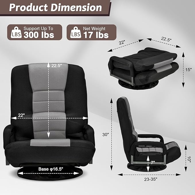 360° Swivel Chair 6 Adjustable Positions Backrest with Armrest Foldable Floor Chairs Suitable for Reading, Relaxing, Mediation,Grey