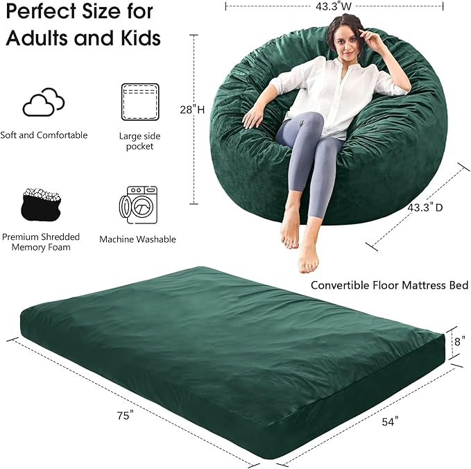 Bean Bag Chairs for Adults - Giant Bean Bag Chair Convertible Bean Bag Bed - Beanbag Chair with Micro Fiber Cover/Furniture Foam Filler - Floor Couch Sofa in Bedroom Dorm Room - Full Green