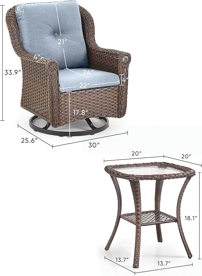 ACTREST 3 Piece Patio Swivel Chairs and Side Table Set - High Back Outdoor Brown Wicker Rattan Rocking Glider with Thick Cushions for Porch Apartment Deck Yard Poolside Garden - Baby Blue