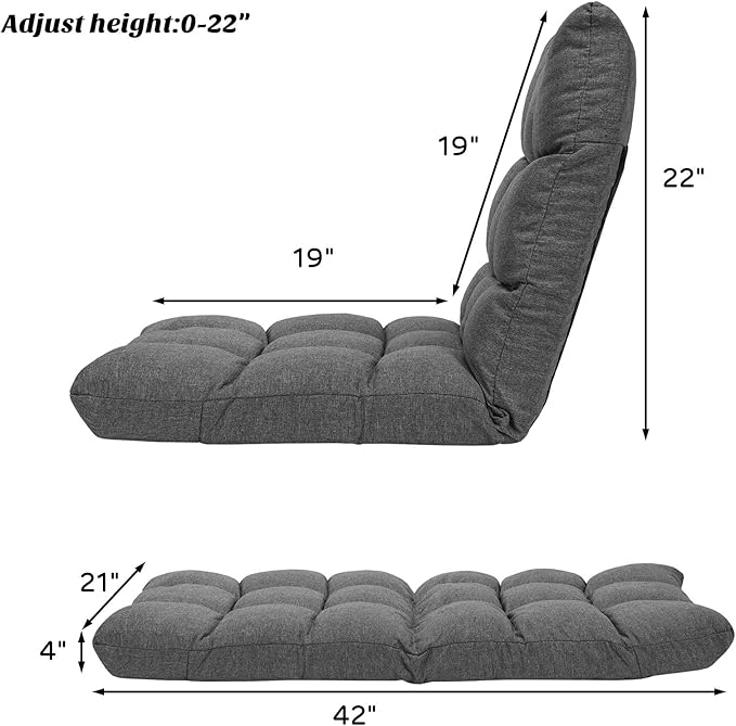 Giantex Adjustable Floor Gaming Sofa Chair 14-Position Cushioned Folding Lazy Recliner High Resilience Sponge, Breathable Cotton & Linen Fabric Sleeper Bed Couch Recliner with Removable Cover (Gray)