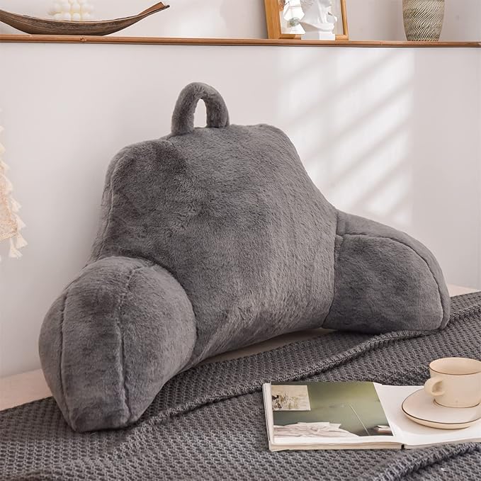 A Nice Night Faux Fur Reading Pillow Bed Wedge Large Adult Children Backrest with Arms Back Support for Sitting Up in Bed/Couch for Bedrest,Gray,Large