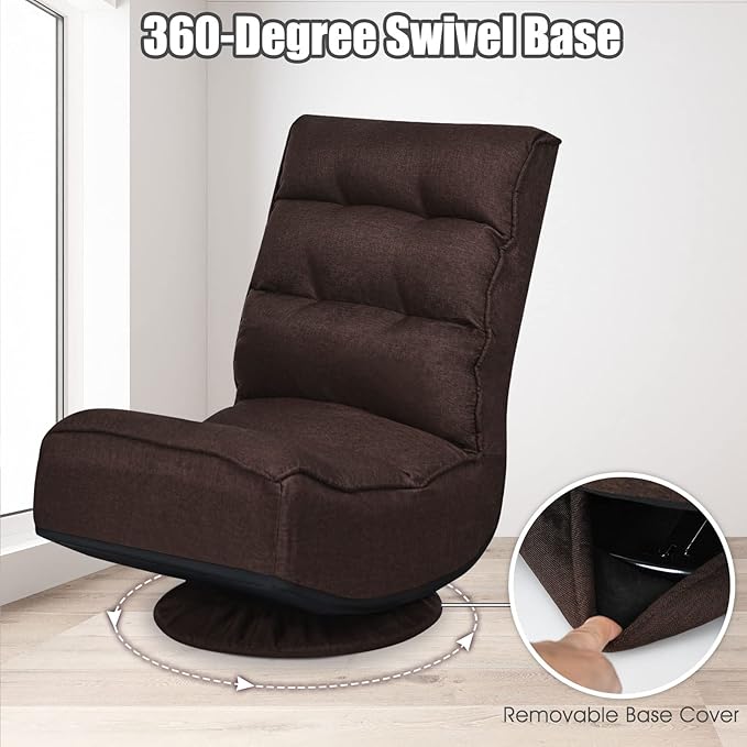 Giantex 360 Degree Swivel Gaming Chair, 6 Position Adjustable Folding Floor Chair, Nearly 300lb Spring Support, Comfortable Padded Backrest, Lazy Sofa Chair Game Rocker for Teens Adults (Brownness)
