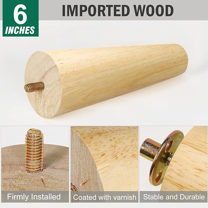 FoDau770 Rubber Wood Furniture Legs 6 Inches, Straight Tapered Wood Feet Mid Century Sofa Legs Set of 4, 5/16" UNC Furniture Feet Replacement Parts for Cabinet Couch Dresser Chair Ottoman Table
