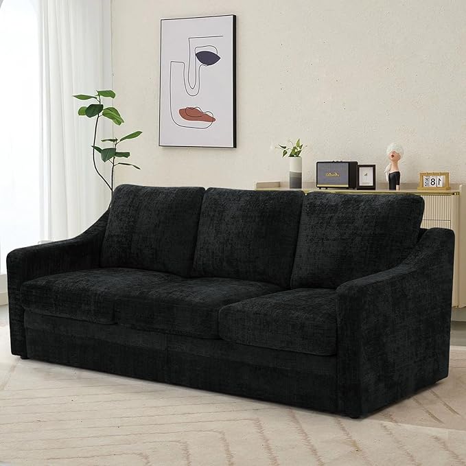 ACMEASE 83 Inches Chenille 3-Seat Sofa w/Comfortable Back Cushions, Modern Sofa w/Deep Seat Space, Upholstered 3 Seater Couch w/High Resiliency Foam for Living Room, Black