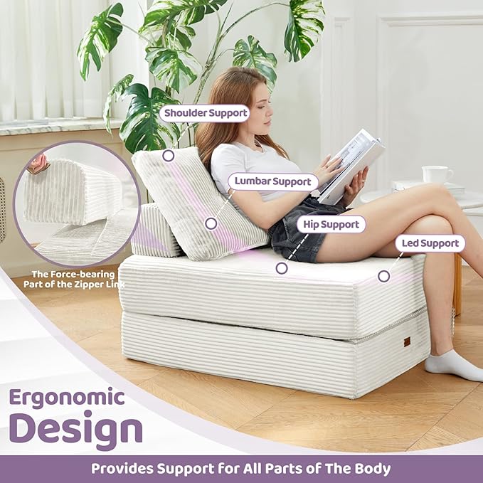 Fold Out Chair Bed, Floor Sofa Bed with High-Density Foam and Pillow Backrest,Portable 3 in 1Folding Chair Bed for Living Room、 Bedroom 、Balcony 、Hotel、 Apartment, Single, Creamy Apricot