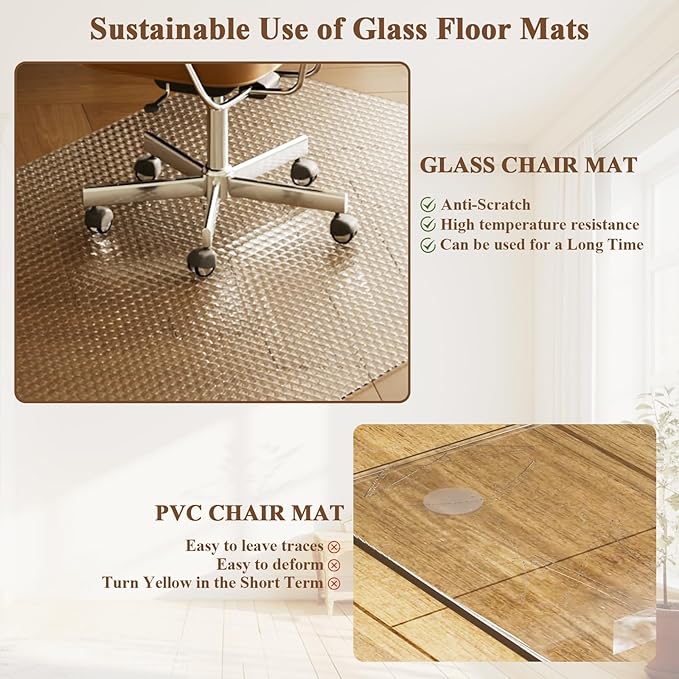 VETROUVE Flower Chair Mat for Carpet 36" x 46" Tempered Glass Floor Mat on Carpet or Hard Floor with 4 Anti-Slip Pads, 1/5" Thick