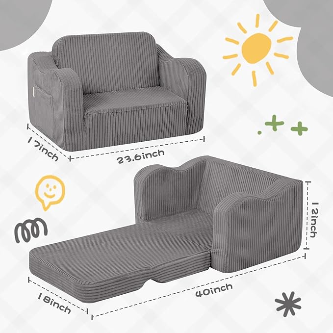 MeMoreCool Toddler Chair Comfy for 1-3 Years Old, Corduroy Kids Couch Bed Fold Out, 2-in-1 Foldable Baby Lounge Chair, Pull Out Children Sofa Bed, Light Grey