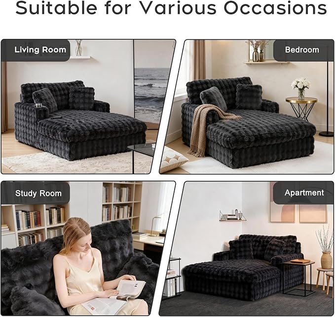 52.5 Inch Oversized Chaise Lounge Chair Indoor, Faux Fur Upholstered Sleeper Couch, Ergonomic Deep Seat Sleeper Sofa with Plush Pillows, Cup Holders, USB Port, Reading Chairs for Living Room/Dark Grey