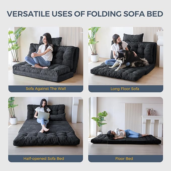 MAXYOYO Bean Bag Bed Tufted Folding Sofa Bed with Pillows Floor Mattress for Adults, Extra Thick and Long Floor Sofa, Twin Couch for Bedroom Living Room, Black, 39x91 Inch