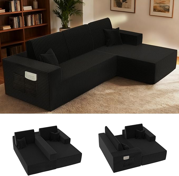 Komusou 110" Boneless Couch, Cloud Modular Sectional Sofa with L-Shape Chaise, Modern Upholstered Couches for Living Room Bedroom No Assembly Required (Black, Right Facing Chaise)