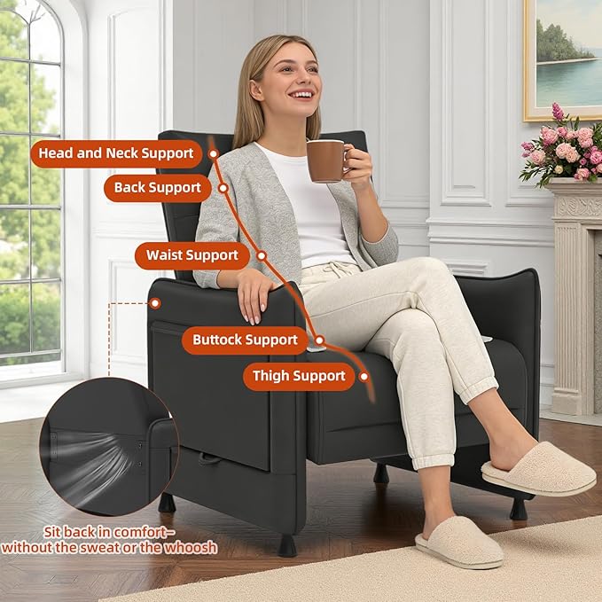 Upholstered Accent Sofa, Modern Faux Leather Sofa Chair with Hidden Foldable Tray & Side Pocket, Front Contour Arm Design, Small Accent Sofa for Bedroom, Black