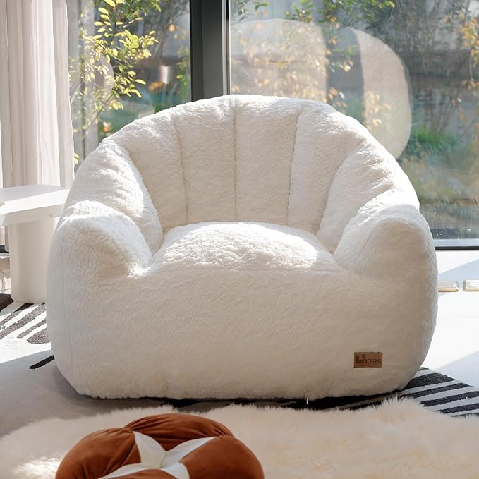 Big Bean Bag Chairs for Adults Giant Sofa with Faux Fur Shell-Shaped Beanbag Couch, Stuffed Large Bean Bag Floor Chair for Living Room, Beanbags Reading Chair for Bedroom Single Sofa(L-White)