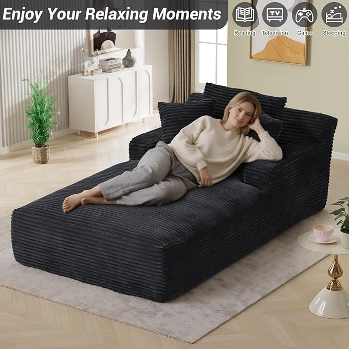 50"W x 76"D Oversized Chaise Lounge Chair Indoor Boneless Reading Chair Plush Corduroy Recliner Large Deep Seat Upholstered Sleeper Comfy Sofa Couch with 3 Pillows for Living Room Bedroom, Dark Gray