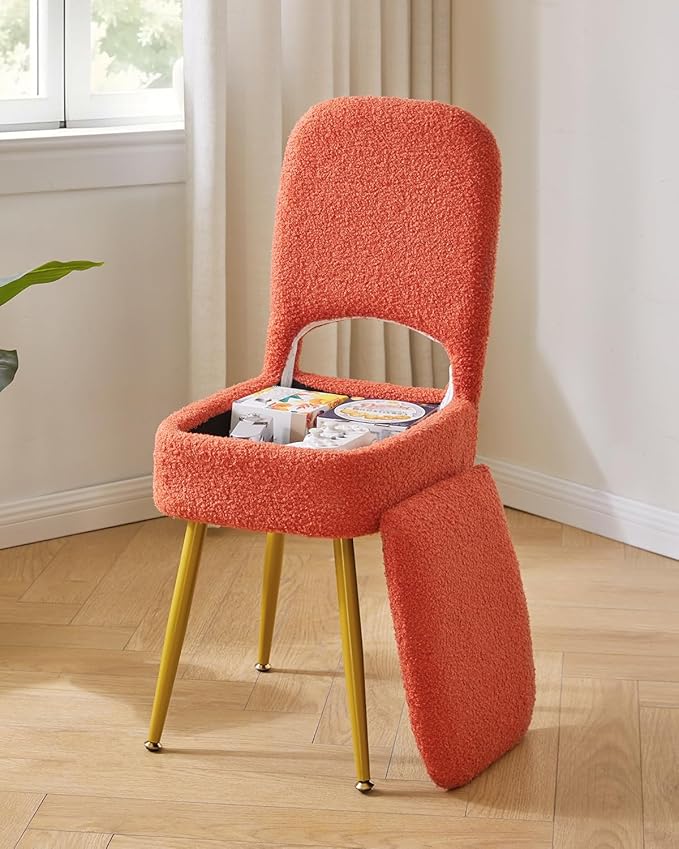 IBUYKE Small Storage Vanity Stool with Folding Backrest, 12.99" x 13.78" x 31.5" Square Teddy Velvet Ottoman, Makeup Chair for Living Room, 4 Metal Legs with Anti-Slip Feet, Orange WBD027J