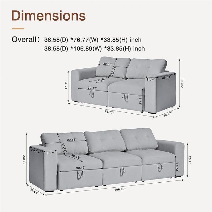 ORRD Modular Sectional Couch, Small Loveseat Sofa with Storage, 2 Seater Sofa Modular for Living Room, Office (Grey)