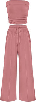 PRETTYGARDEN Womens Summer Outfits 2 Piece Sets Casual Ribbed Knit Crop Tube Top Wide Leg Pants Spring Matching Lounge Set
