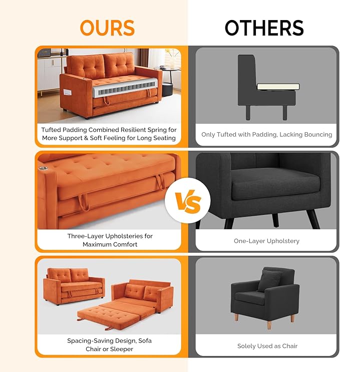 VINGLI Sofa Bed Full Size Pull Out Couch Bed Burnt Orange Futon Couch 64" W 84" L Loveseat Sleeper Floor Couches for Living Room Convertible Loveseat Sofa Foldable Sofa Bed