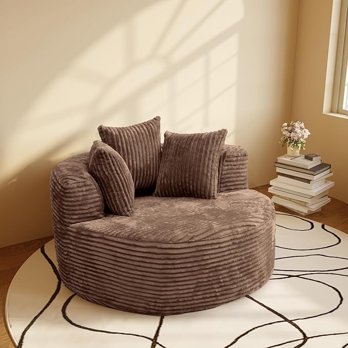 WJShome Oversized Round Chaise Lounge Chair Indoor, Modern 50-inch Upholstered Corduroy Deep Seat Circle Single Foam Couch,Cloud Lounge Floor Sofa Chair for Living Room, Brown