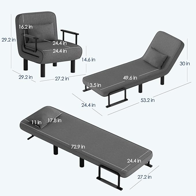 Furniliving 4 in 1 Folding Sofa Bed Chair, Convertible Sleeper Chair Bed with 6-Position Adjustable Backrest, Upholstered Chaise Lounge with Pillow, Accent Chairs for Bedroom/Office, Linen, Darkgrey