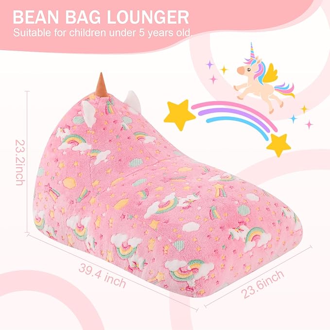 COMAX Bean Bag Chairs for Kids, Kid Beanbag Chair with Filler, Toddler Lounge Bean Chair, Children Lazy Floor Lounger for Girls Boys, Colorful Unicorn