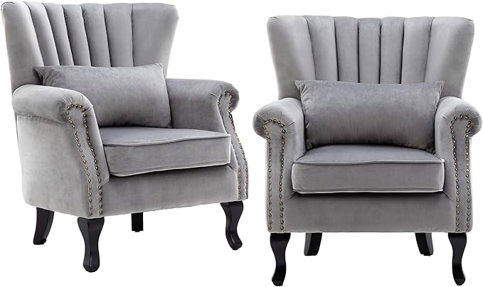 chairus Mid-Century Modern Accent Chairs Set of 2 Comfy Sofa Chairs Channel Back Armchairs with Small Pillow for Living Roon Bedroom Club - Velvet, Grey
