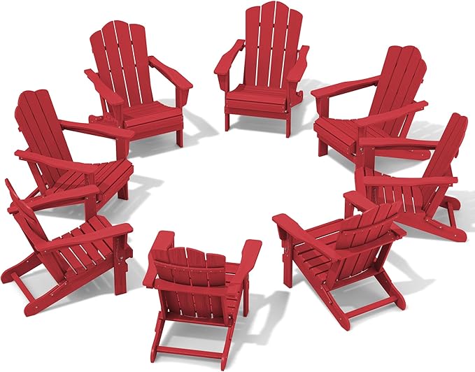 KINGYES Folding Adirondack Chair Set of 8, HDPE All-Weather Folding Adirondack Chair, Light Red