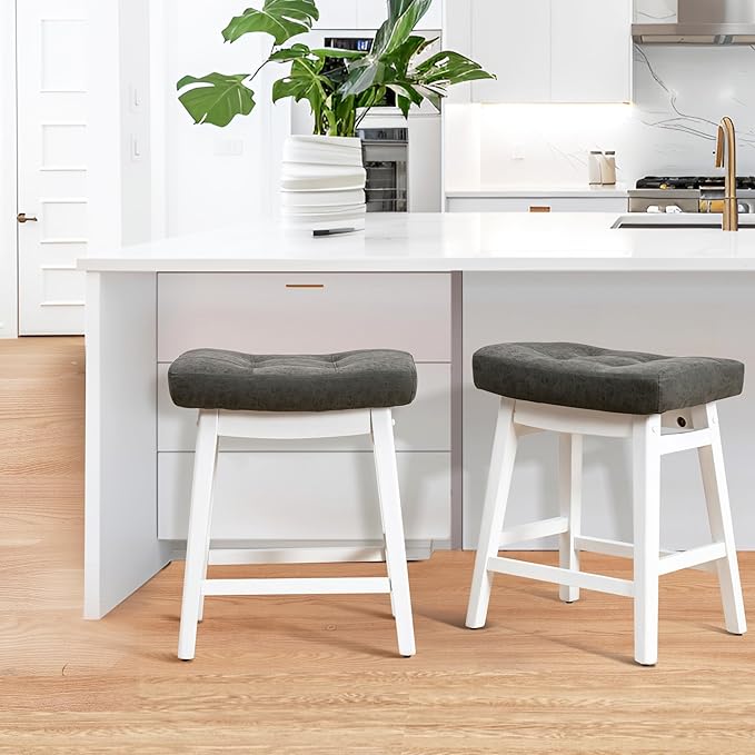 RNKSFX Counter Height Bar Stools Set of 2 for Kitchen Counter Farmhouse Modern Barstools with Faux Leather Upholstered Backless Seat and Solid Wood Legs 24 inch Bar Chairs, Grey + White