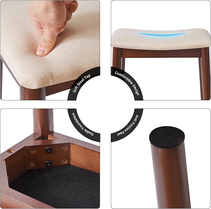 IBUYKE Saddle Cushion Vanity Stool Chair, Foot Rest Stool with Solid Wood Legs, Modern Vanity Bench Ottoman for Piano, Upholstered Seat for Bedroom, Entryway, Walnut Legs&Off White WBD007HM