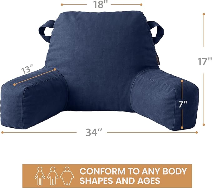 Unisakey Portable Comfy Reading Pillows for Bed Sitting Up(Royal Blue Oeko-Tex), Velvet Back Pillow with Arms & Pockets for Adults, Support Memory Foam Bed Pillow for Dorm/Reading/Watching/Gaming
