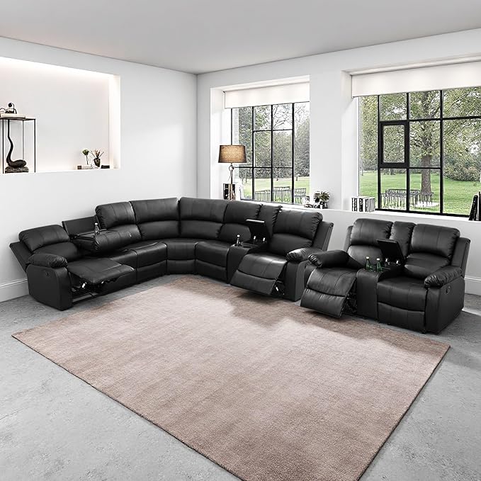 SIENWIEY Manual Leather Recliner Sectional Sofa for Living Room,L Shaped Reclining Sectional Corner Couch with Loveseat,Black Recliner Sofa Set with Storage Console/Drop Down Coffee Table/Cup Holders
