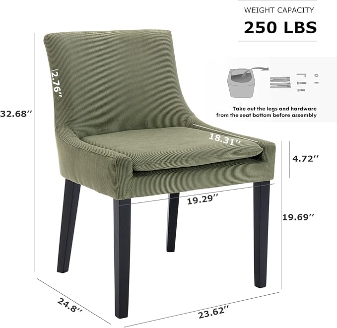 Modern Dining Chairs Set of 6, Upholstered Corduroy Dining Room Chairs with Wood Legs, Mid-Back Padded Kitchen Side Chairs for Dining Room, Green
