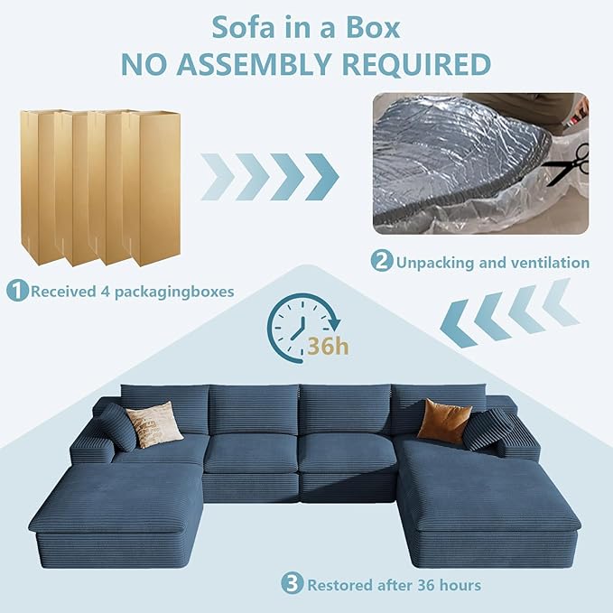 136" Cloud Sectional Couch with U-Shaped Chaise,Corduroy Viral Boneless Sofa with Ottoman,Memory Foam Couches in a Box with Deep Seat for Living Room,No Assembly Required (Blue,Right-Facing Chaise)