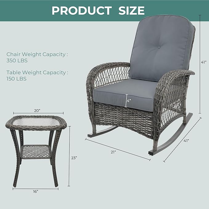 Sgentle Wicker Rocking Chair Set of 2, 3-Piece Outdoor Patio Rocker Chair with Cushions & Steel Frame, All-Weather Outdoor Rattan Rocking Chair with Side Table for Lawn Porch Garden (Grey, Style 3)