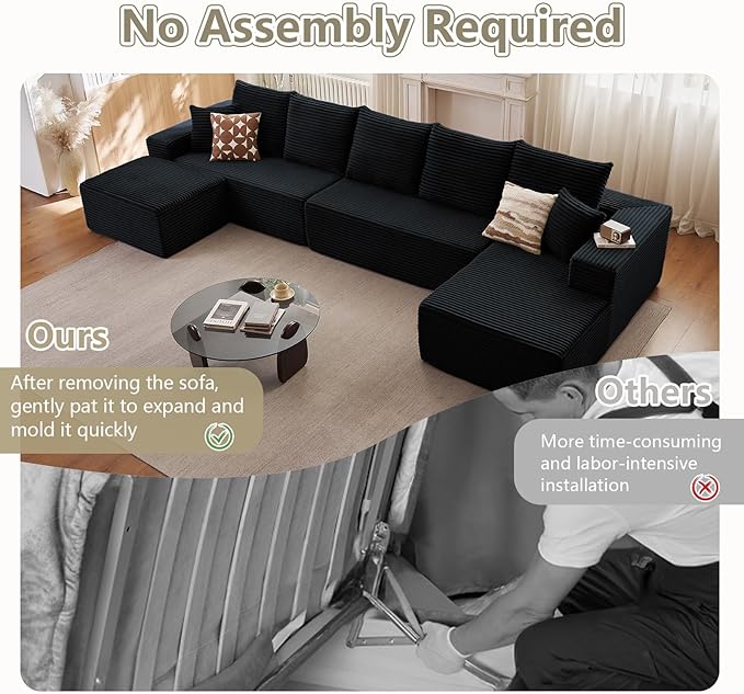 Lakifun 166.9" U-Shape Cloud Couch, Modern Modular Sectional Comfy L-Shape Sofa with Ottoman, Deep Seat, Upholstered Corduroy Sleeper Chaise Longue for Living Room Bedroom, No Assembly Required, Black