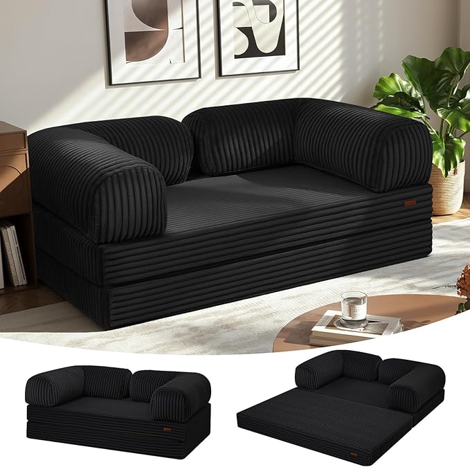 COMAX Futon Sofa Bed, 4-in-1 Floor Foldable Sofa Couch Bed Queen with L-Shaped Armrests, Convertible Folding Chair Bed Sleeper Mattress Fold Out Comfy Lounge for Living Room Bedroom, Faux Fur Black