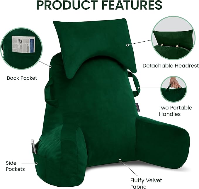 Unisakey Portable Reading Pillows with Headrest for Bed Sitting Up(Dark Green Oeko-Tex), Velvet Back Pillow with Arms & Pockets for Adults, Support Memory Foam Bed Pillow for Dorm/Watching/Gaming