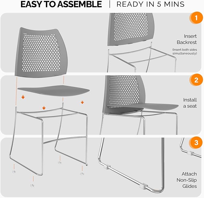 VINGLI Stacking Chairs Set of 20 Stackable Office Chairs with Metal Sled Base, Ergonomic Plastic Seat & Holes Back, Stacking Chairs for Waiting Room Break Room Banquet Guest, Grey
