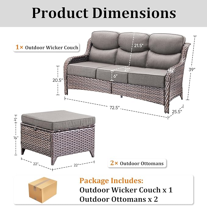 Pugire 3 Pieces Patio Furniture Sofa Set with 6" Thick Cushions, High Back Wicker Sectional Outdoor Sofa with Ottoman, Outdoor Conversation Set for Balcony Deck Porch Backyard, Brown/Grey